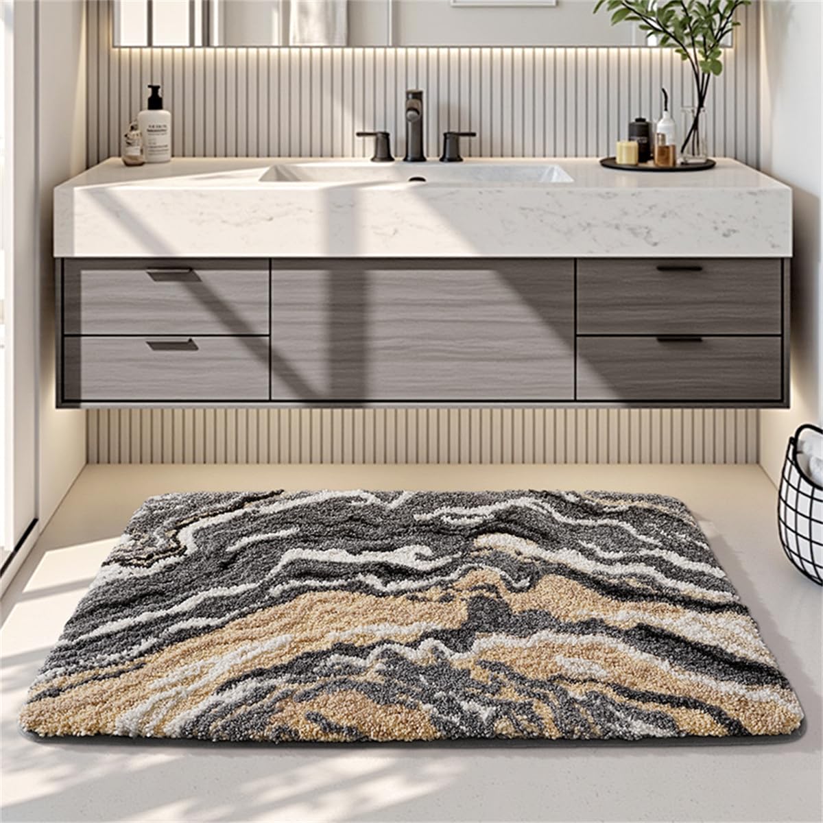 Ankah Luxurious Nordic Bathroom Rug, Extra Soft Fluffy Bath Mat, Absorbent, Non-Slip, Easy to Care and Fast Drying, Modern Style Marble Pattern Shower Rug, Home Decor Accessories, 17.3"x29.9", Brown