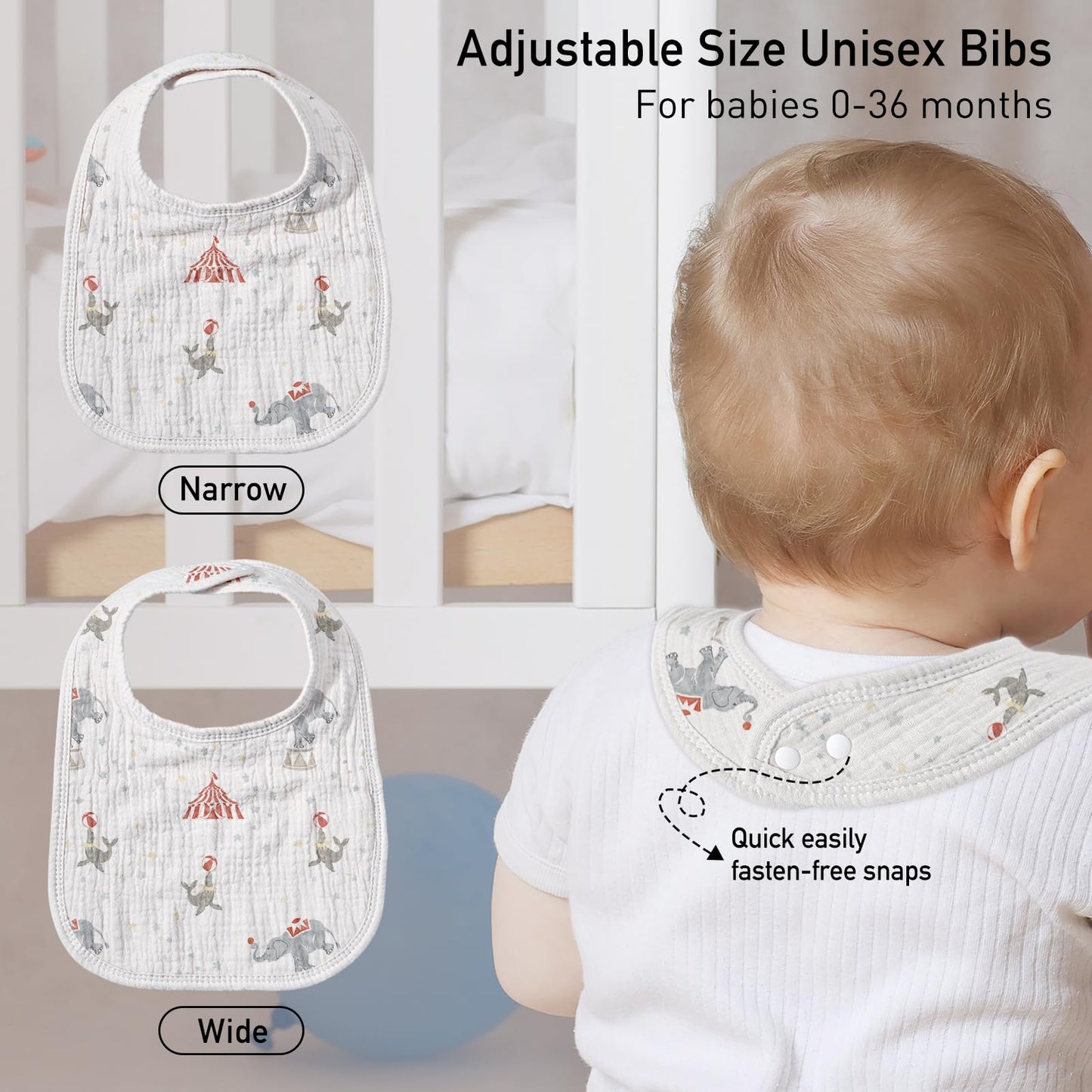 GLLQUEN BABY Muslin Drool Bibs for Boys Girls 8 Pack, Adjustable Baby Bibs for Drooling and Teething, Soft Cotton Baby Bandana Bib for Newborn Feeding Essentials (Circus)