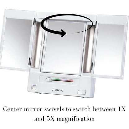 JERDON Tri-Fold Two-Sided Makeup Mirror with Lights - Vanity Mirror with 5X-1X Magnification & Multiple Light Settings - White - Model JGL9W
