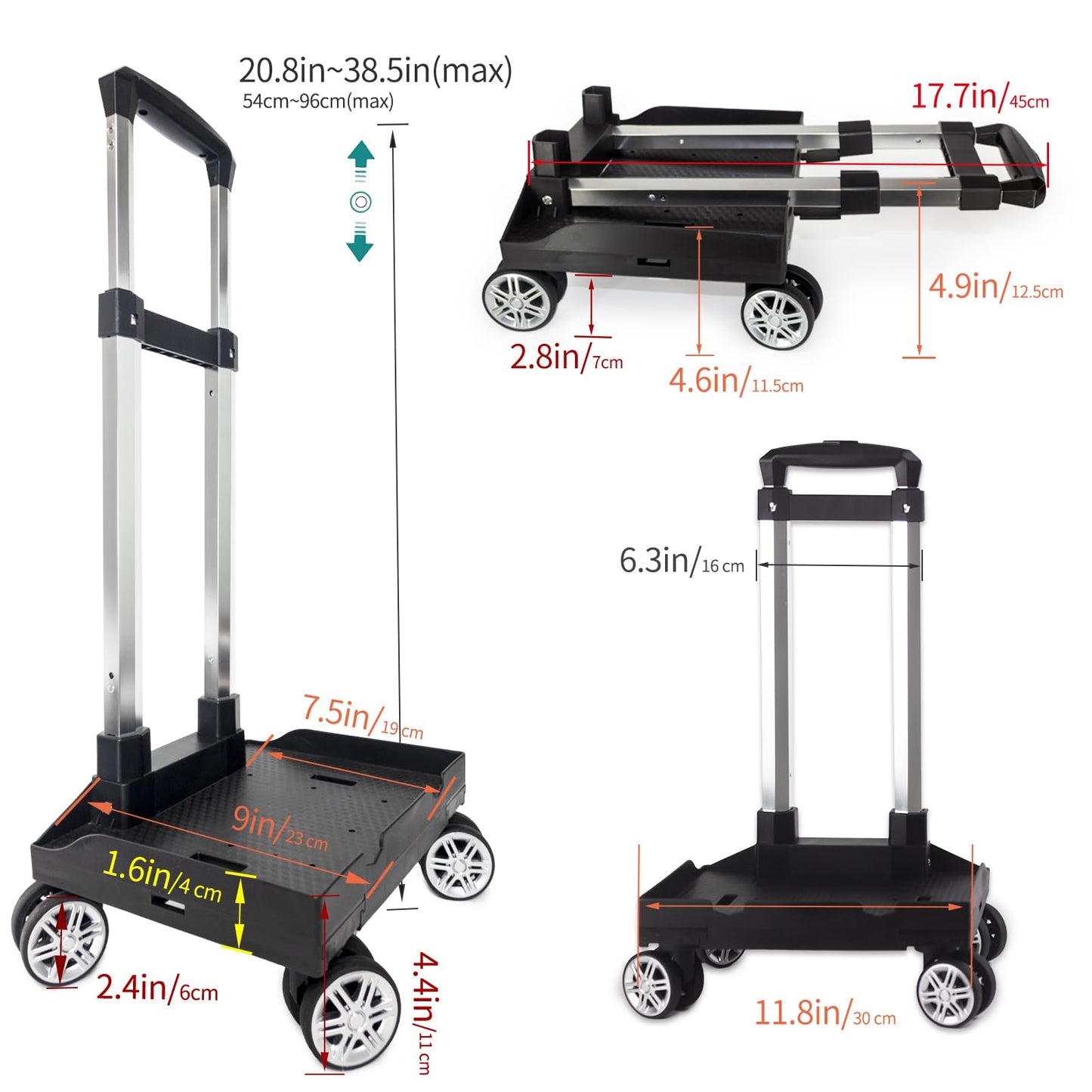 Backpack Trolley Wheeled Cart, Foldable Aluminium Alloy Hand Truck with Edge Guard Base, 4 Spinner Wheels, Luggage Cart with Luggage Strap for Teenagers, Adults, School,Luggage Trolley for Travel