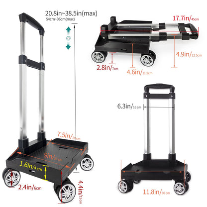 Backpack Trolley Wheeled Cart, Foldable Aluminium Alloy Hand Truck with Edge Guard Base, 4 Spinner Wheels, Luggage Cart with Luggage Strap for Teenagers, Adults, School,Luggage Trolley for Travel