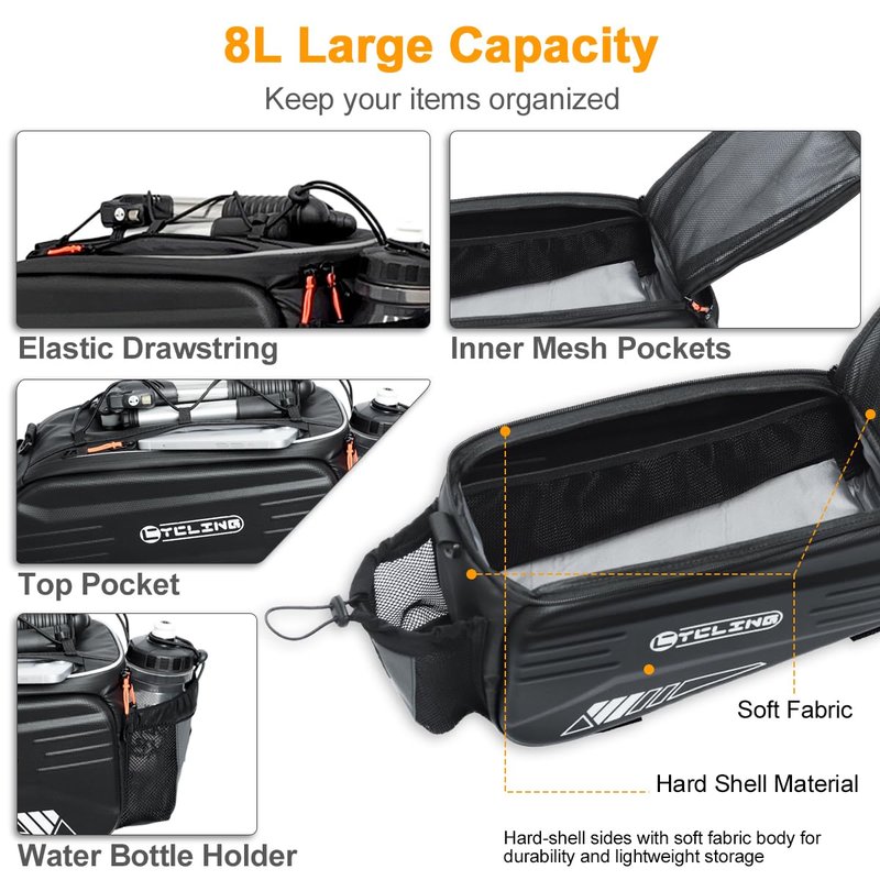 Bike Bags for Bicycle Rear Rack, Waterproof Hard Shell Bike Rack Bag, 8L Reflective Ebike Trunk Pannier with Shoulder Strap, Bike Saddle Bag, Seat Bag for Commuter Travel Outdoor Cycling Accessories