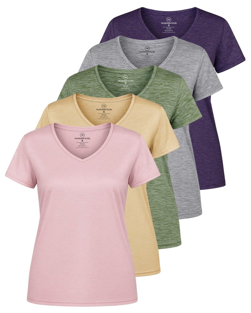 Real Essentials 5 Pack: Women's Dry-Fit Short Sleeve V Neck T Shirt Workout Fitness Yoga Top Tee, Set 14, XL