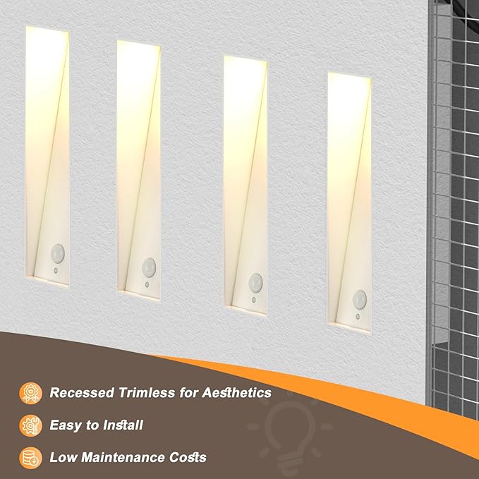 3W Recessed Motion Sensor Step Light, 3000K Warm White Night Wall Lights for Indoor Hallway, IP65 Waterproof Trimless Stair Lighting (White Finish)