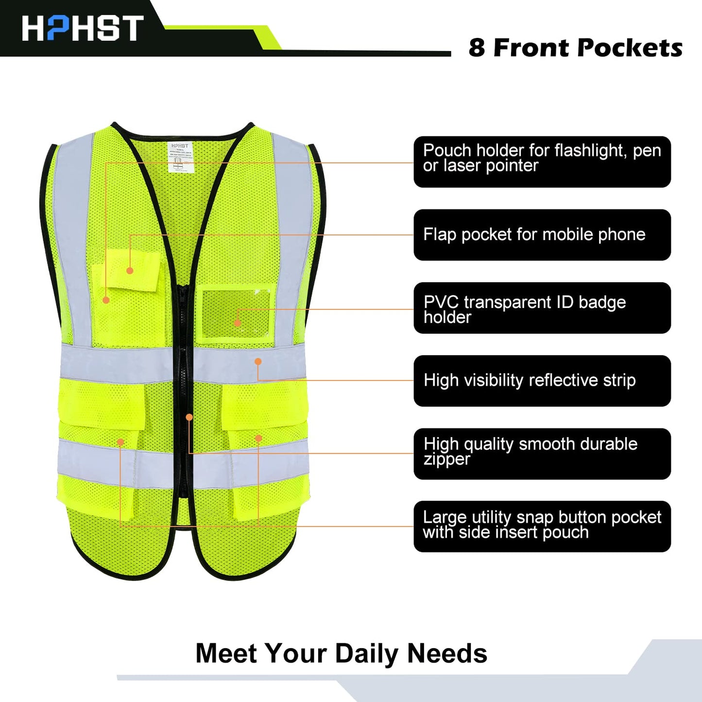 HPHST High Visibility Cycling Vest for Men and Women with Zip Reflective Vest Work Vest Yellow
