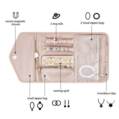 bagsmart Travel Jewellery Organiser, Foldable Jewelry Storage Roll for Journey-Rings, Necklaces, Bracelets, Earrings, (Medium-Pink)