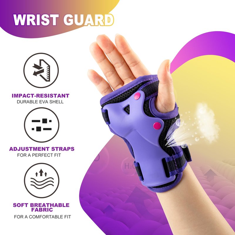 2PM SPORTS Knee Pads for Kids, Wrist Guards Knee and Elbow Pads Set with Drawstring Bag, Protective Gear Set for Girls Boys Roller Skating Cycling Skateboard - Purple Medium