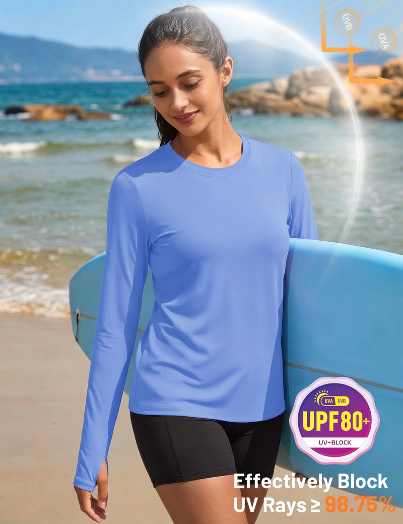 MAGCOMSEN Rash Guard Long Sleeve Shirt for Women Quick Dry UPF 80 Workout Running Swim Athletic Summer Light Blue Tops L