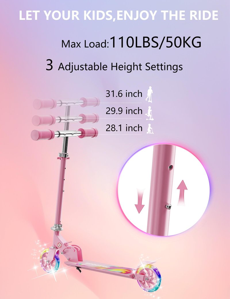 Scooter for Kids Ages 3+, 2 Wheels Kids Kick Scooter with Led Light Up & 3 Levels Adjustable, Lightweight Foldable for Boys&Girls
