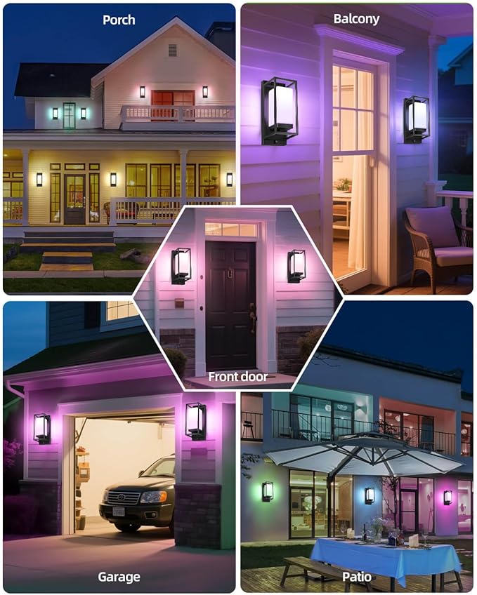 Smart Outdoor Wall Light, RGB Color Changing Sconce with App & Voice Control, Dusk to Dawn Outdoor Lighting, Adjustable 2700K–6500K, Waterproof Exterior Light Fixture for House Porch Garage, 2 Pack