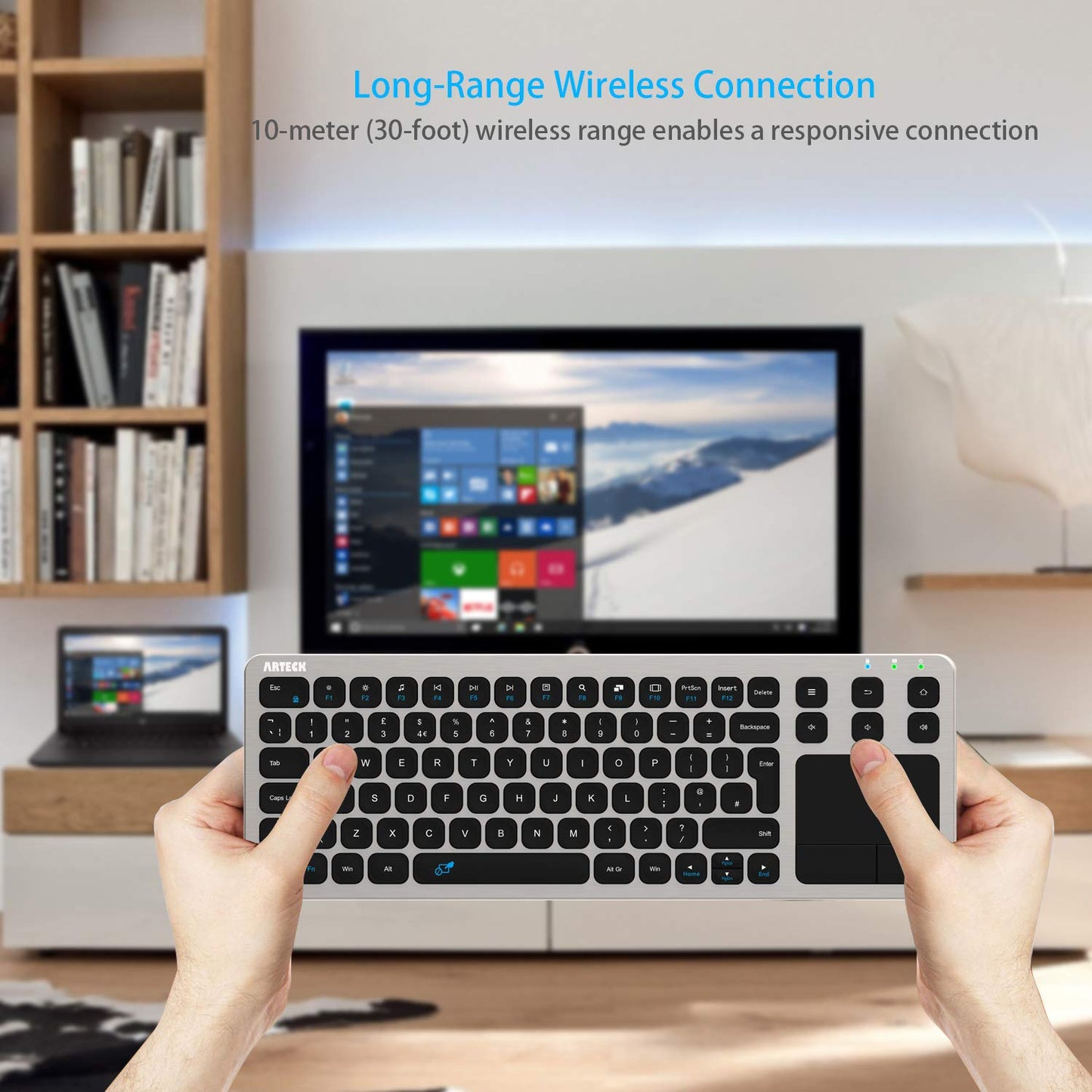 Arteck 2.4G Wireless Touch TV Keyboard with Easy Media Control and Built-In Touchpad Solid Stainless Steel Ultra Compact Full Size QWERTY UK Layout Keyboard for TV-Connected Computer, Smart TV, HTPC