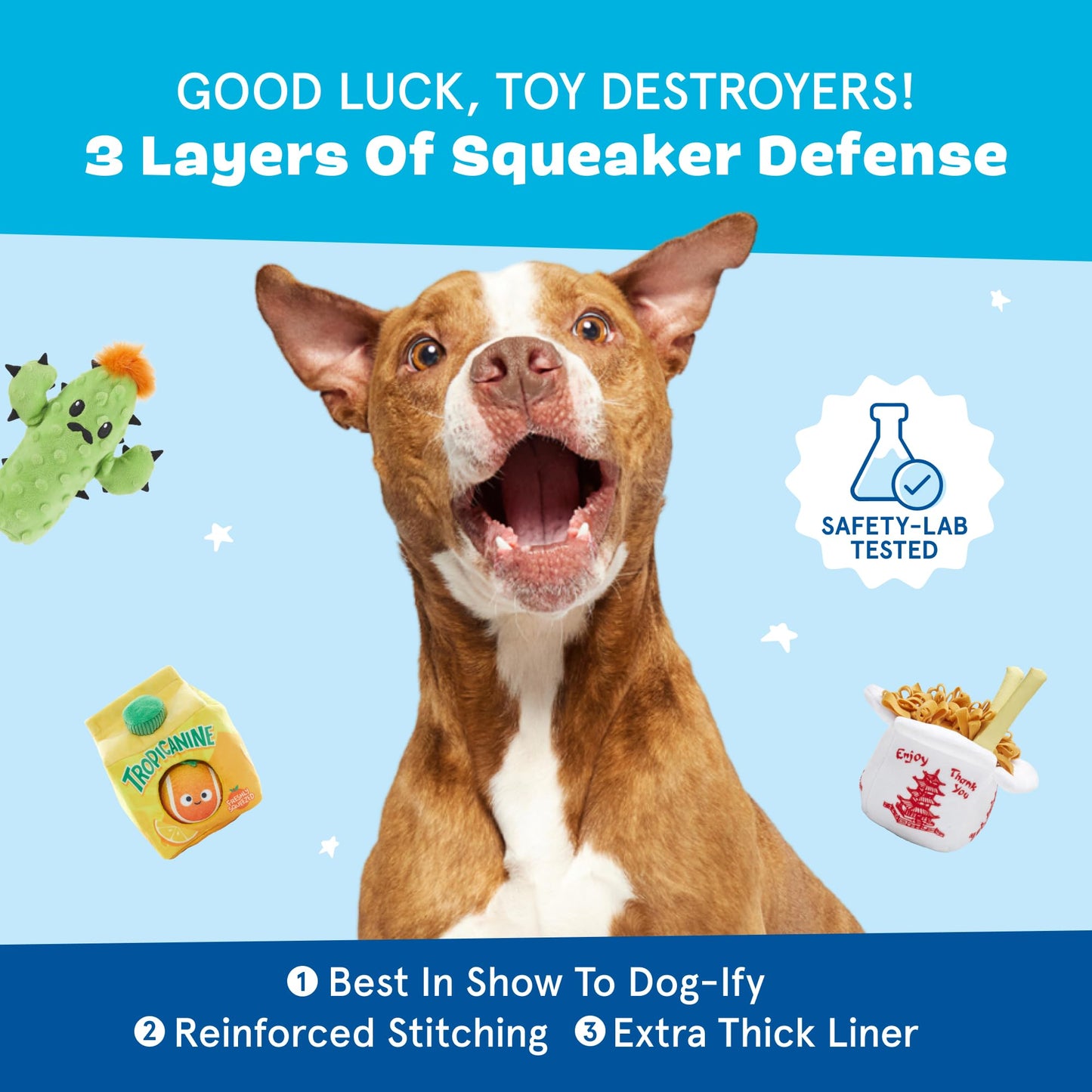 Barkbox 2 in 1 Interactive Plush Dog Toy - Rip and Reveal Dog Toy for Medium, & Large Dogs - Stimulating Squeaky Pet Enrichment and Puppy Toys | Bucket o’Fried Licken