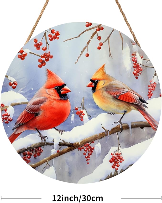 Winter Cardinal Bird Door Wreaths for Front Xmas Welcome Birds Wood Hanger Snowy Winter Branches Berry Door Sign Christmas Holiday Sign for Home Front Porch Wall Outdoor Outside 12in
