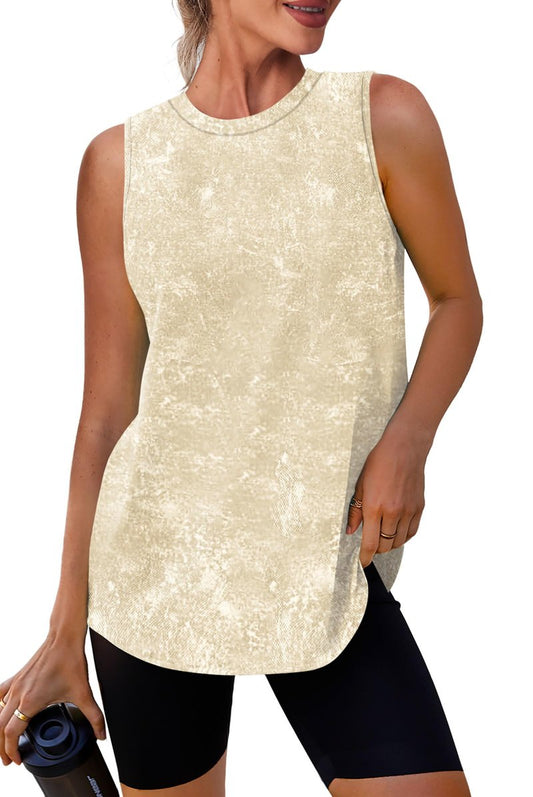 Womens Workout Tops Tank Tops Yoga Shirts Athletic Running Sleeveless Gym Clothes High Neck Athletic Running Shirts Khaki Tie Dye XL