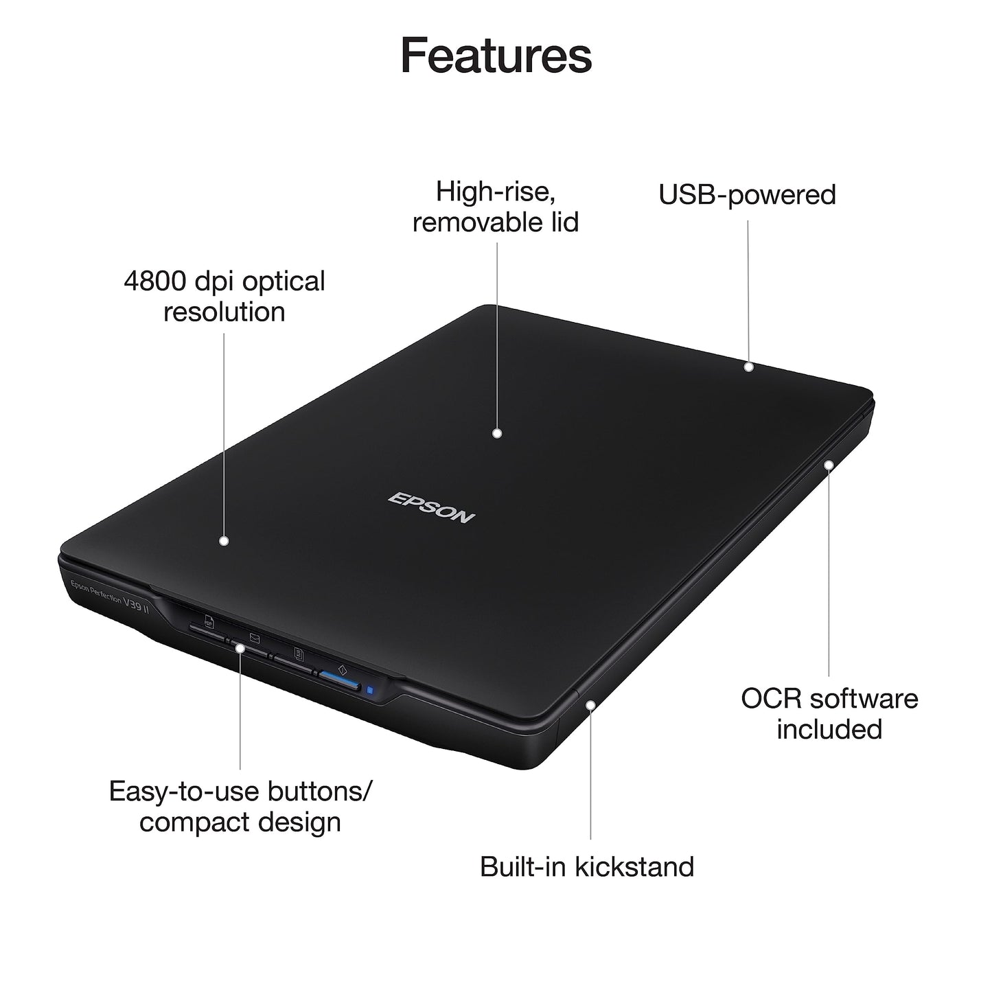 Epson - Perfection V39 II - Color Photo and Document Flatbed Scanner - 4800 dpi Optical Resolution - High-Rise, Removable Lid - Scan to Cloud - USB Power - Image Scanning - Black