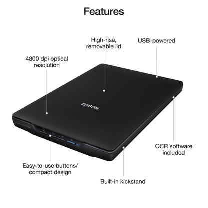 Epson - Perfection V39 II - Color Photo and Document Flatbed Scanner - 4800 dpi Optical Resolution - High-Rise, Removable Lid - Scan to Cloud - USB Power - Image Scanning - Black