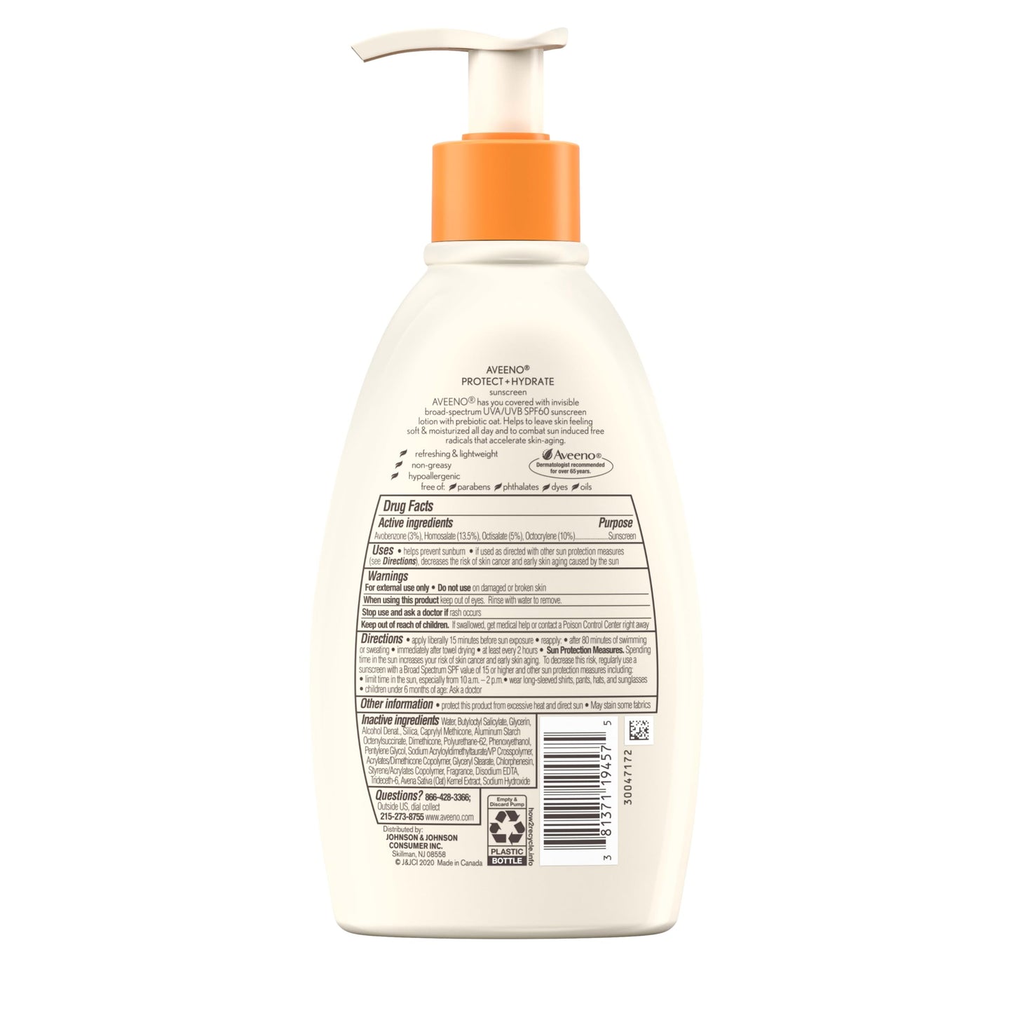 Aveeno Protect + Hydrate Sunscreen Moisturizing Body Lotion with Prebiotic Oat, Broad Spectrum SPF 60, Paraben, Oxybenzone & Oil Free, Weightless, Water & Sweat Resistant for Sensitive Skin, 12 Fl Oz