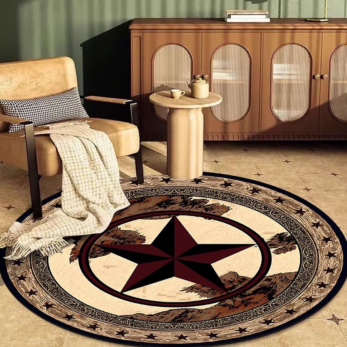 Qmkmyy Round Rustic Texas Stars Area Rug 3Ft Western Cowboy Bordered Circular Rugs for Bedroom Study Room Low Pile Farmhouse Floor Mats