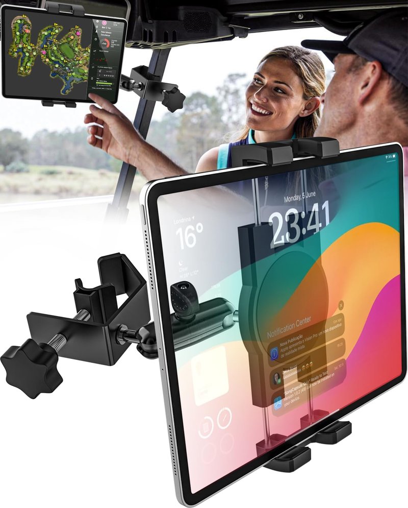 GDZN Golf Cart Tablet Holder, 360° Rotatable Metal Square Pole Clamp for EZGO/Club Car/Yamaha/Icon, Heavy Duty Anti-Shake Mount Fits iPad Pro Air Mini, Galaxy Tab, Z Fold, Fire HD 4-13'' Devices