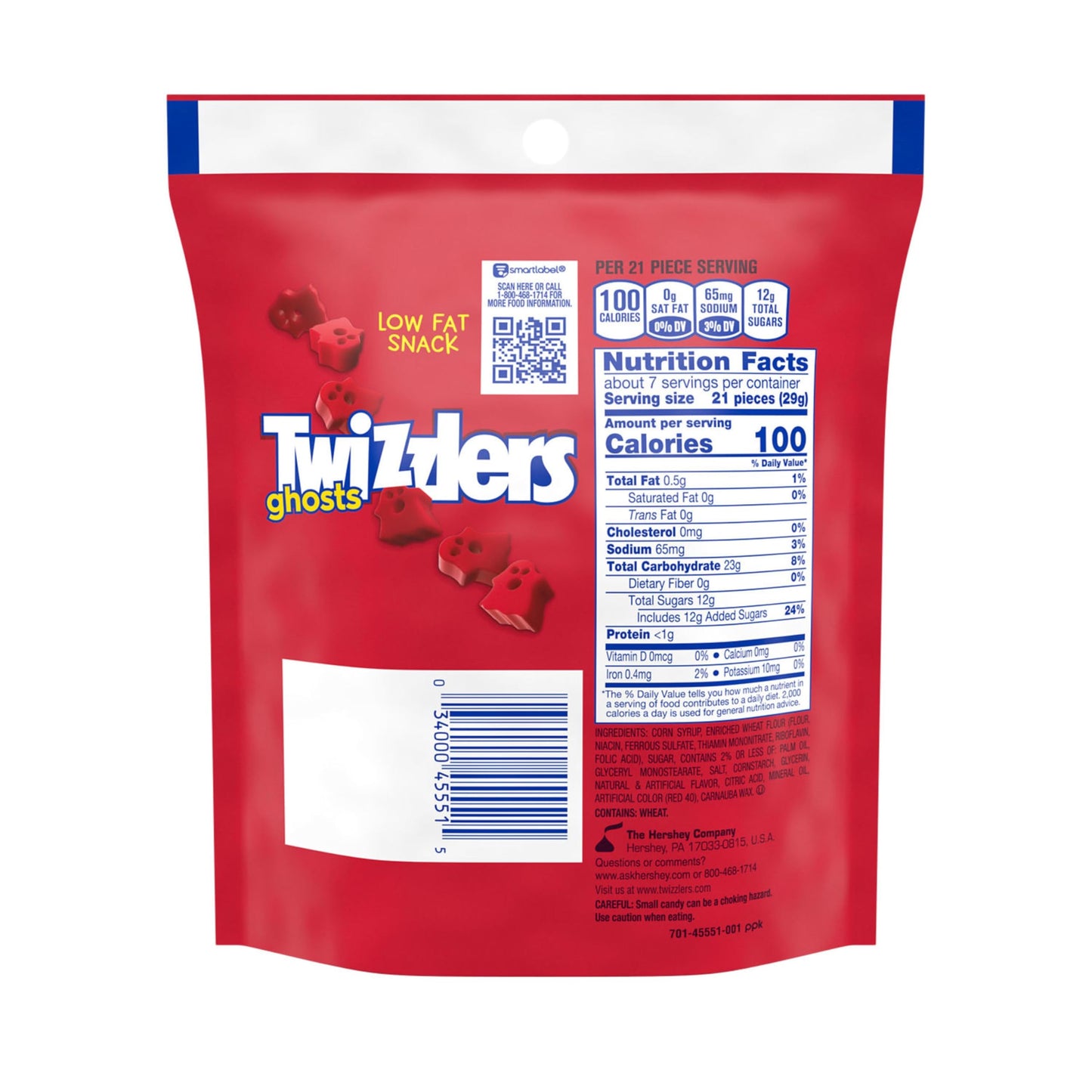 TWIZZLERS Ghosts Cherry Flavored Chewy, Halloween Candy Bag, 7.1 oz