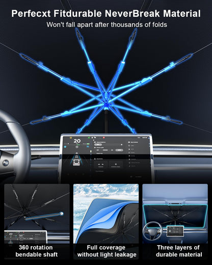 helloleiboo [2025 Upgraded] Car Windshield Sun Shade Umbrella 57"x 32" Windshield Sun Shade Foldable 5-Layer Thickened Vinyl Coating Reflective Polyester Blocks Heat & UV Rays for Medium Car Sedans