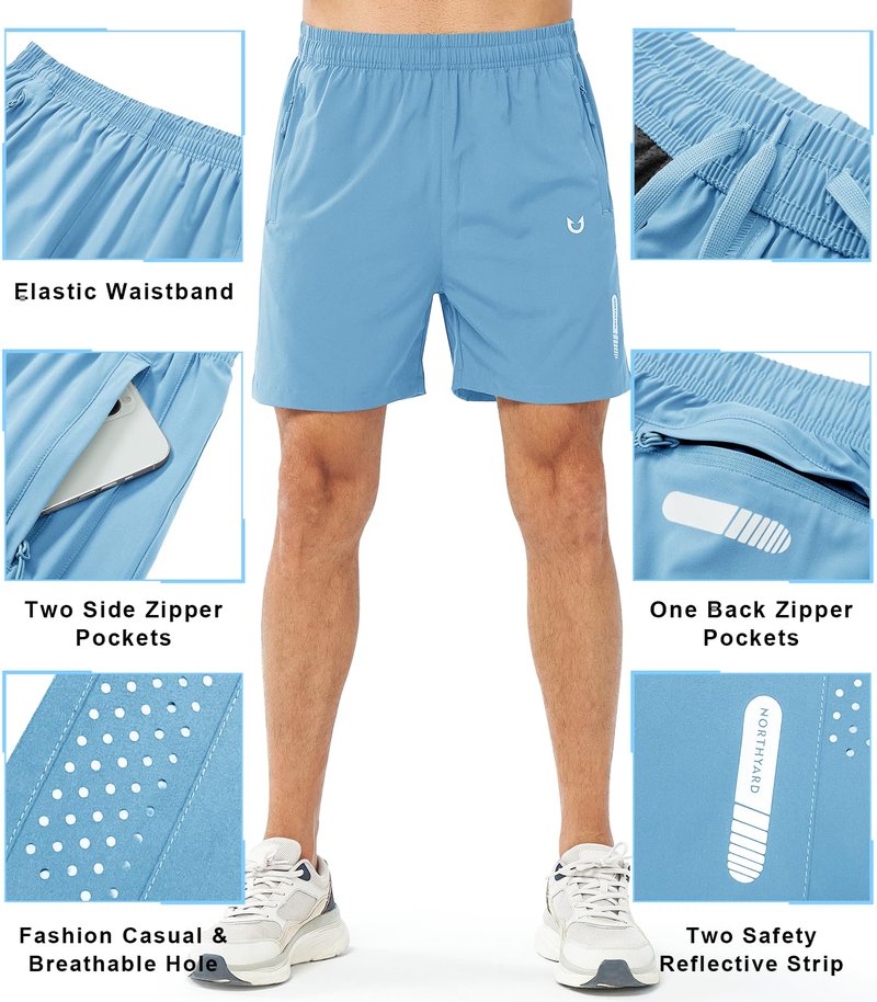 NORTHYARD Men's Athletic Running Shorts Gym Workout 7"/9"/5" Quick Dry Lightweight Sports Basketball Tennis 3 Zipper Pockets SKYBLUE-5inch M