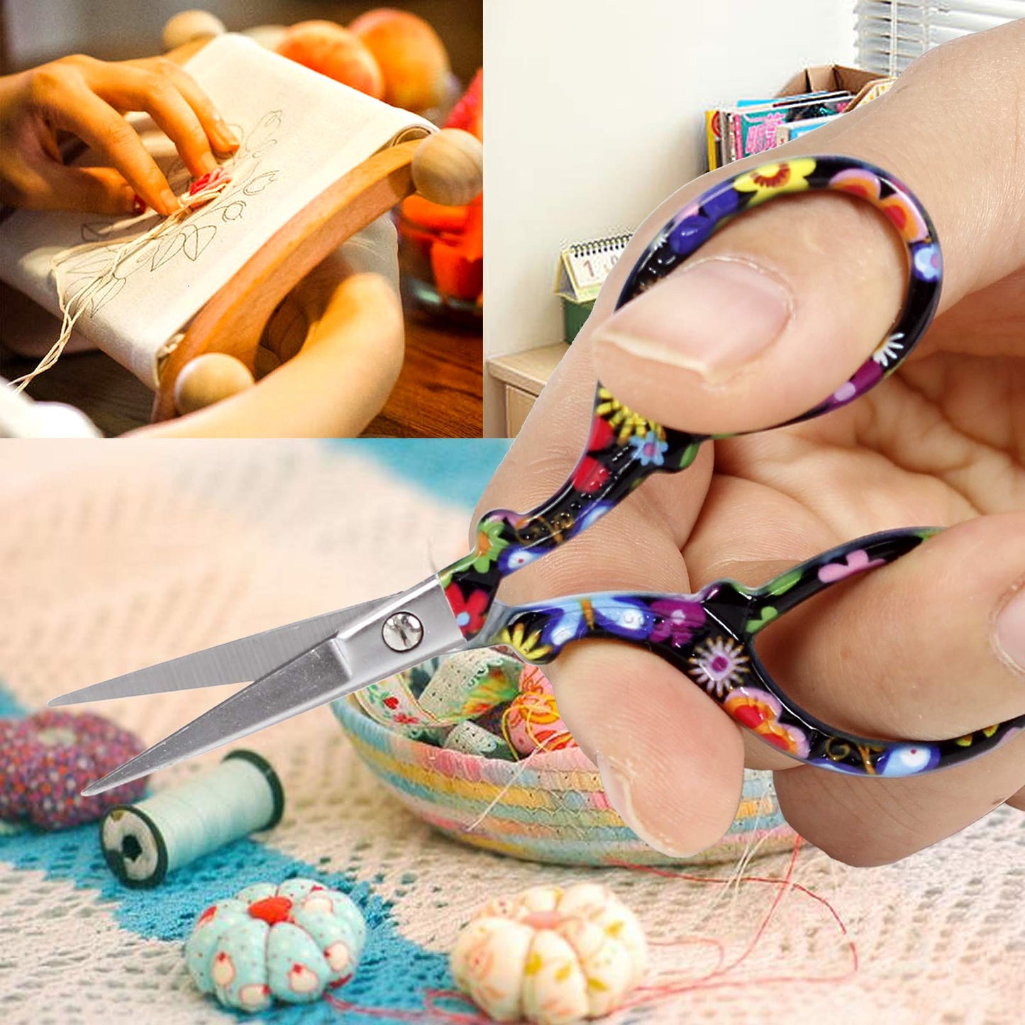 BIHRTC 3.6 Inch Embroidery Scissors - Sharp Stainless Steel Pointed Scissors for Cross Stitch, Sewing, Craft & DIY - Black Flower Design