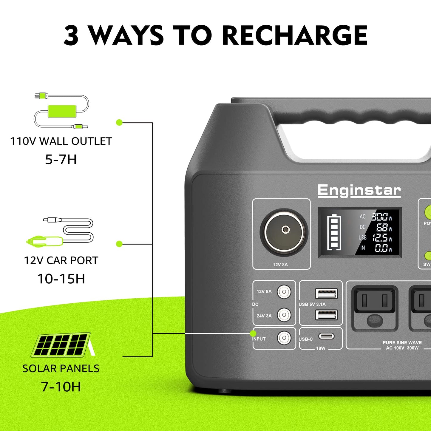 Portable Power Station EnginStar 300W Solar Generator 110V 296Wh Power Bank Two Pure Sine Wave AC Outlet 80000mAh Lithium Battery Pack for Camping Outdoors Trip RV Hunting Vans Emergency Backup