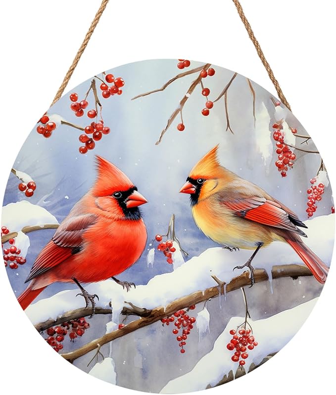 Winter Cardinal Bird Door Wreaths for Front Xmas Welcome Birds Wood Hanger Snowy Winter Branches Berry Door Sign Christmas Holiday Sign for Home Front Porch Wall Outdoor Outside 12in