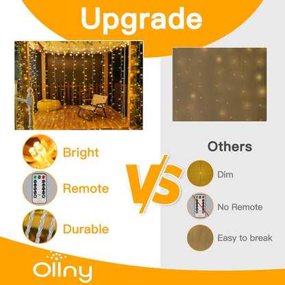 Ollny Curtain Lights Indoor, 300 LED 3m x 3m Fairy Lights USB Powered, Waterproof Warm White String Light with 8 Modes/Timer/Remote, Bedroom/Wall/House/Garden Decorations