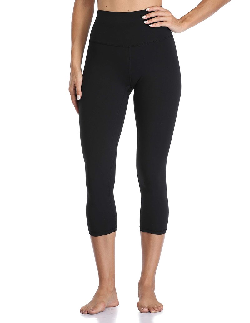 YUNOGA Women's Buttery Soft 21" Inseam Yoga Pants, High Waisted Tummy Control Workout Running Capri Leggings (L, Black)