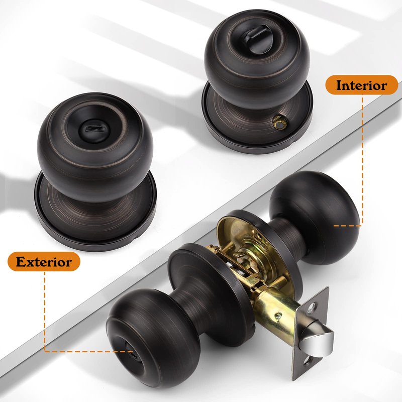 Probrico Privacy Door Knob with Lock, Interior Door Knob for Bathroom Bedroom, Oil Rubbed Bronze, Ball Knob Style, 1 Pack