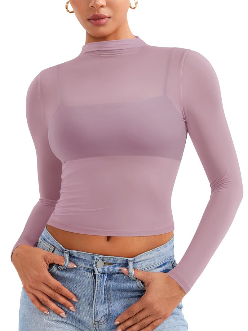 YEOREO Womens Sheer Tops Long Sleeve See Through Tops Mock Neck Slim Fit Workout Shirt Jamy Going Out Sexy Shirts Lilac Smoke M
