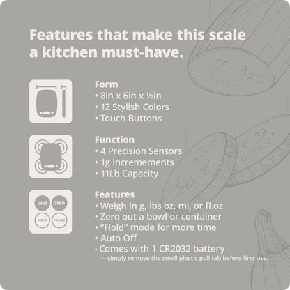 Greater Goods Slim Digital Kitchen Scale – Accurate BPA-Free Food Scale for Cooking, Baking, and Meal Prep, 11lb/5kg with 1 CR2032 Battery Included