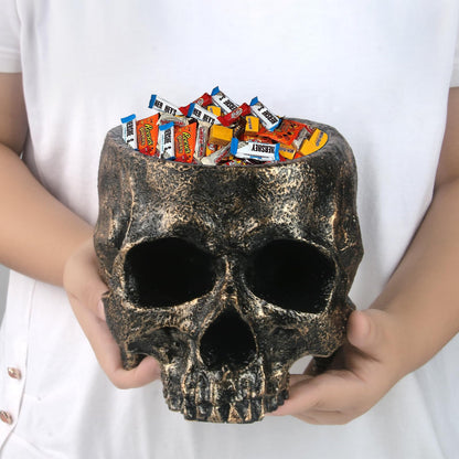GameXcel Halloween Skull Candy Dish - Large Skull Candy Bowl for Trick or Treat - Skeleton Head Treat Container Planter or Desktop Halloween Decor - Bronze Resin