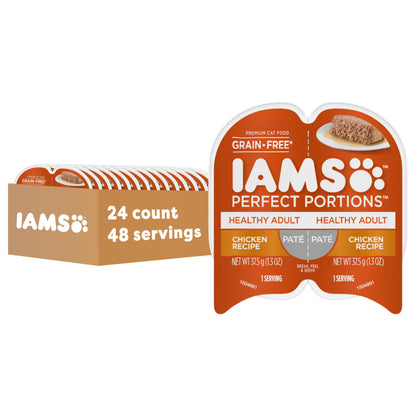 IAMS Perfect Portions Healthy Adult Grain Free Wet Cat Food Pate, Chicken Recipe, 2.6 oz. Easy Peel Twin-Pack Trays (24 Count, 48 Servings)