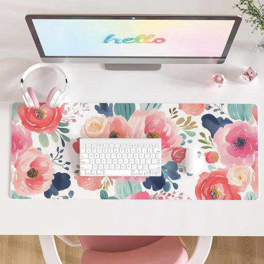 Colorful Star Large Mouse Pad, Pink Floral Desk Mat for Desktop, Women Girls PU Leather Waterproof Gaming Mousepad, Computer PC Laptop Protector Flowers Desk Pads for School Office Home 31.5" x 11.8"