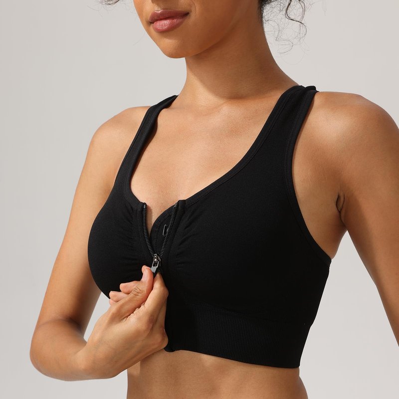 SPORME RUNNING Zip Front Sports Bra for Women - Medium Support Racerback Workout Bra with Removable Pads & Double Hooks（Black）