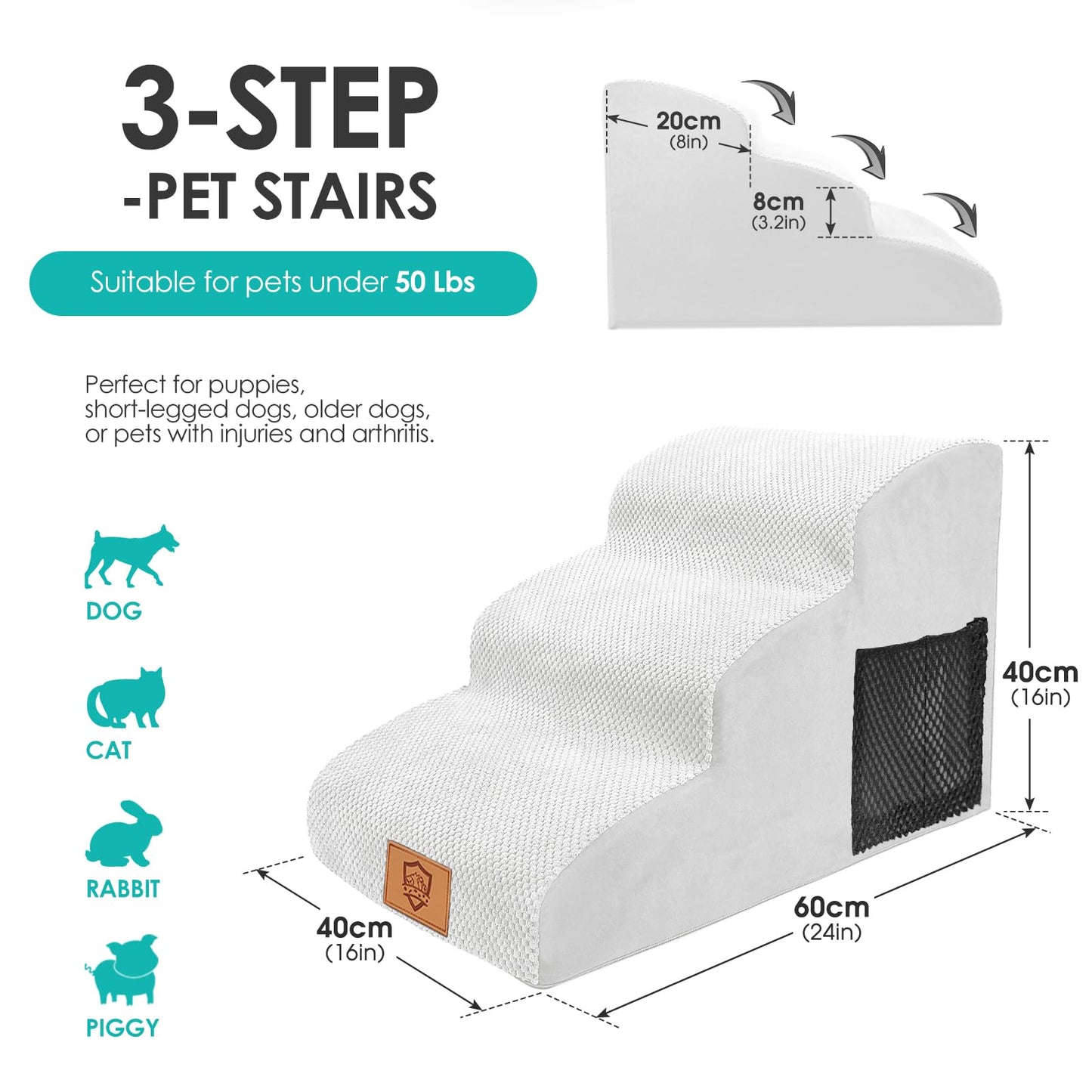 Myiosus Dog Stairs, 3-Step Non-Slip Pet Steps for Sofa and Bed, High Density Foam Dog Ramp with Removable Washable Cover for Small Dogs/Cats, 60x40x40cm, White