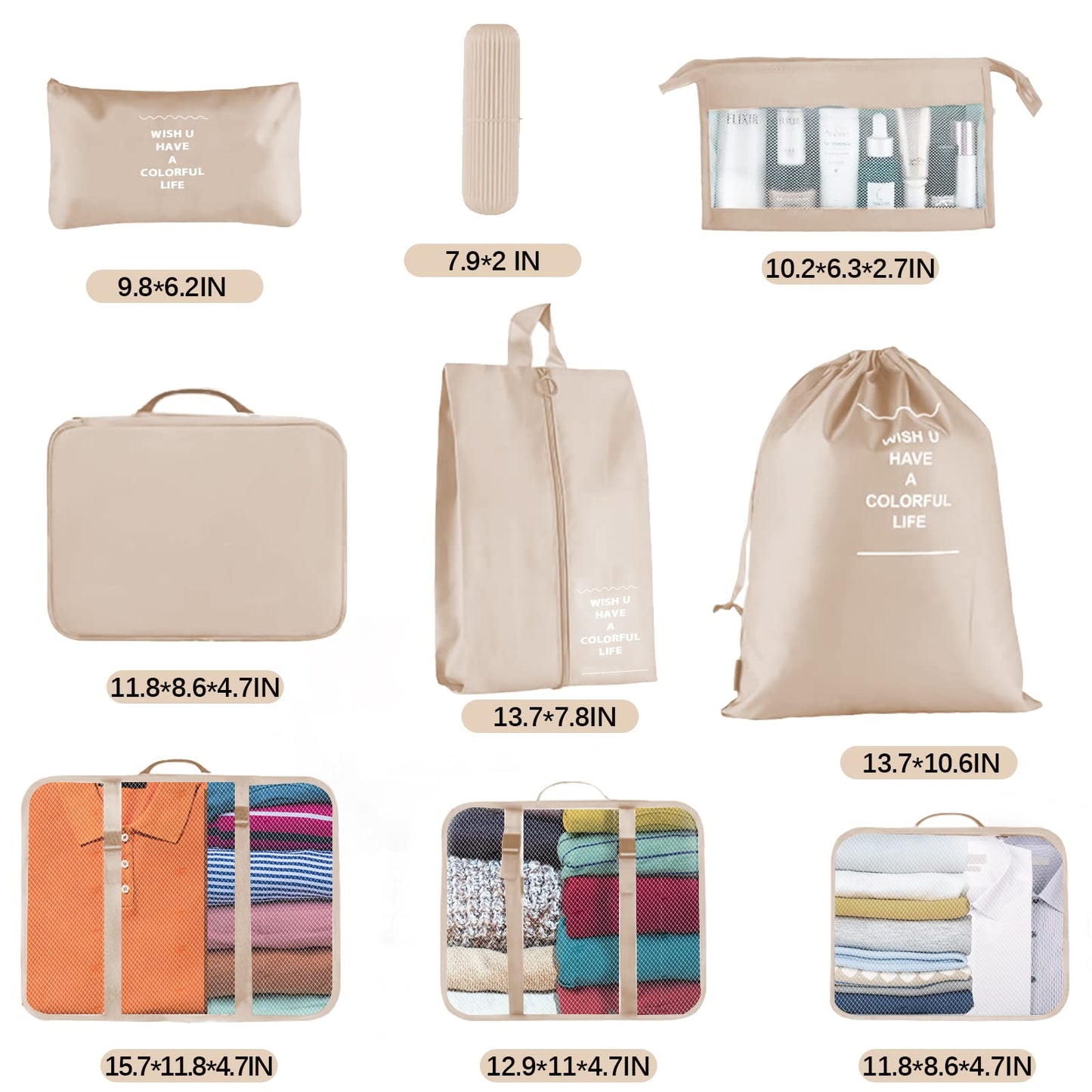 Jsdoin Packing Cubes for Suitcase,9PCS Travel Luggage Packing Organizers for Backpack, Waterproof Travel Essentials Bag Accessories(Beige)