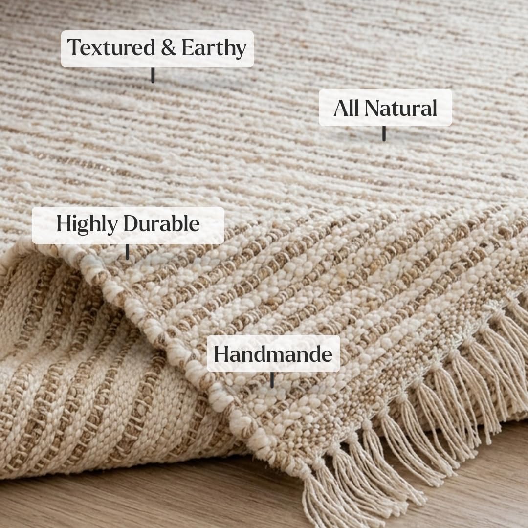 HOMEMONDE Jute Cotton Area Rug 8x10 ft Large Rectangle Hand Woven Natural Farmhouse Rugs for Living Room, Bedroom, Kitchen, High Traffic Area - Rustic Vintage Bohemian (Natural Offwhite)