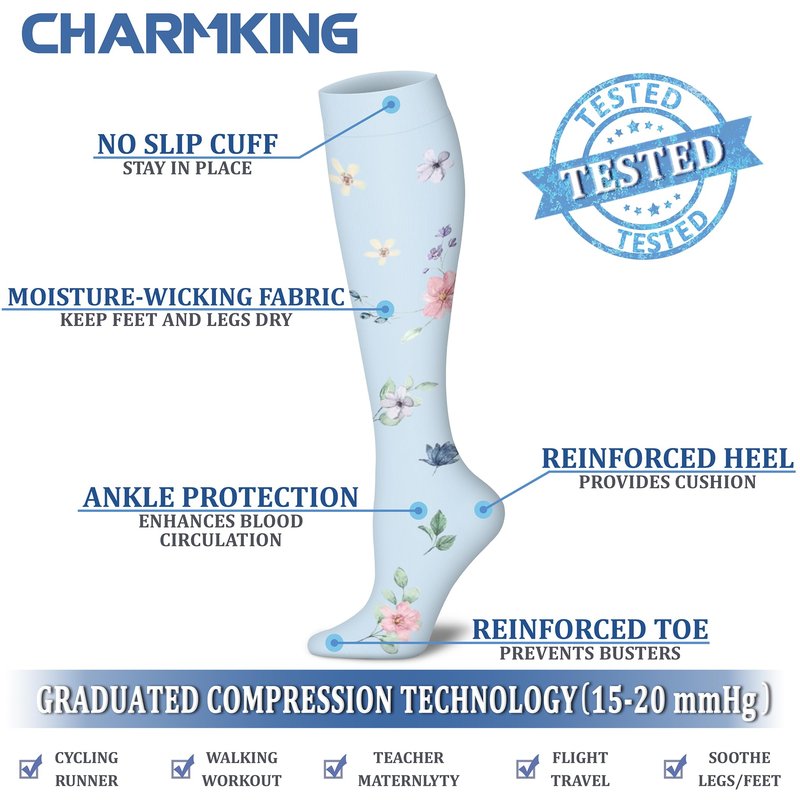 CHARMKING Compression Socks for Women & Men (8 Pairs) 15-20 mmHg Graduated Copper Support Calf Socks are Best for Pregnant, Nurses - Boost Performance, Circulation, Knee High Wide Calf(S/M, Multi 63)