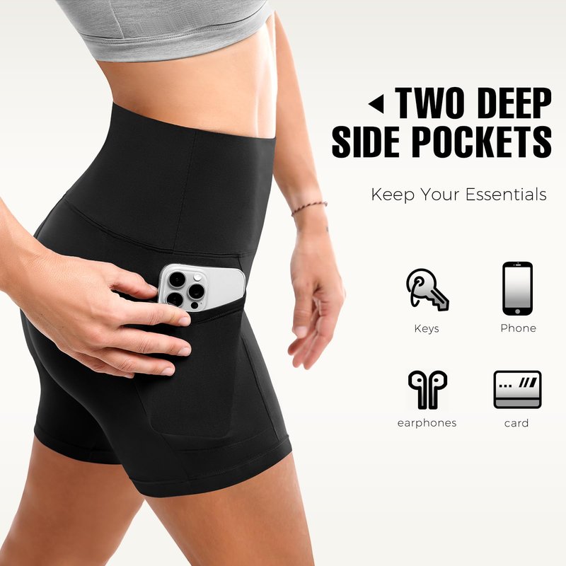 Leafigure 2 Pack Womens Biker Shorts with Pockets - 4" High Waisted Yoga Gym Running Workout Booty Shorts Black/Black L-XL