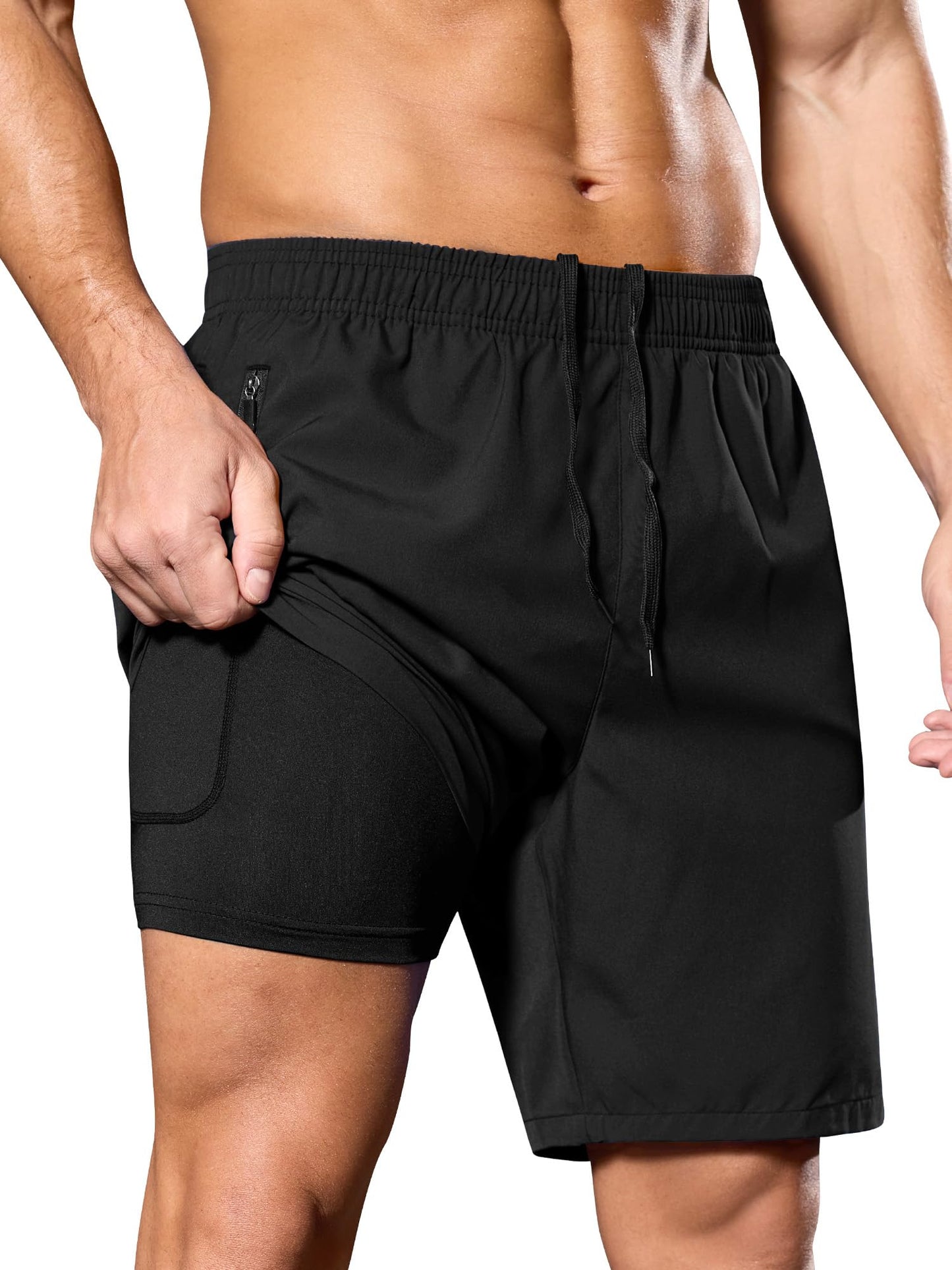 SILKWORLD Men's 7" Running Shorts Quick Dry Athletic Workout Gym Shorts with Zipper Pockets, Black, Large