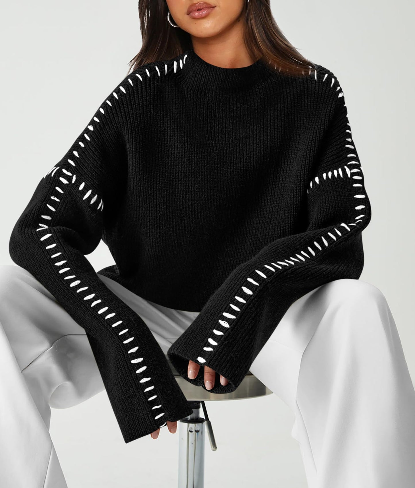 PRETTYGARDEN Women's Chunky Knit Sweaters 2025 Fall Long Sleeve Mock Neck Oversized Pullover Tops Winter Fashion Clothes (Black,Medium)