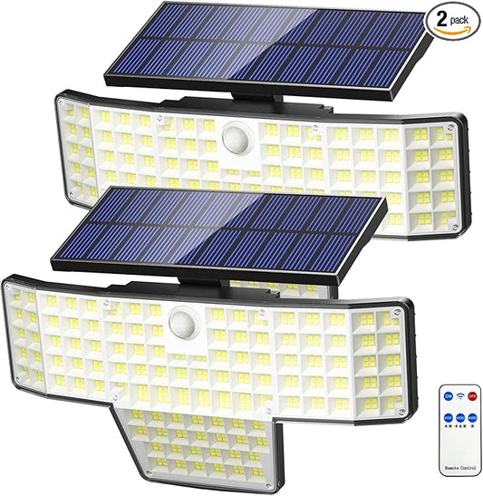 Solar Lights Outdoor, 2PACK 448 LED Wall-Mounted Flood Light, 3500LM IP65 Waterproof Solar Street Lights with Motion Sensor and Remote Control for Dusk-to-Dawn Illumination
