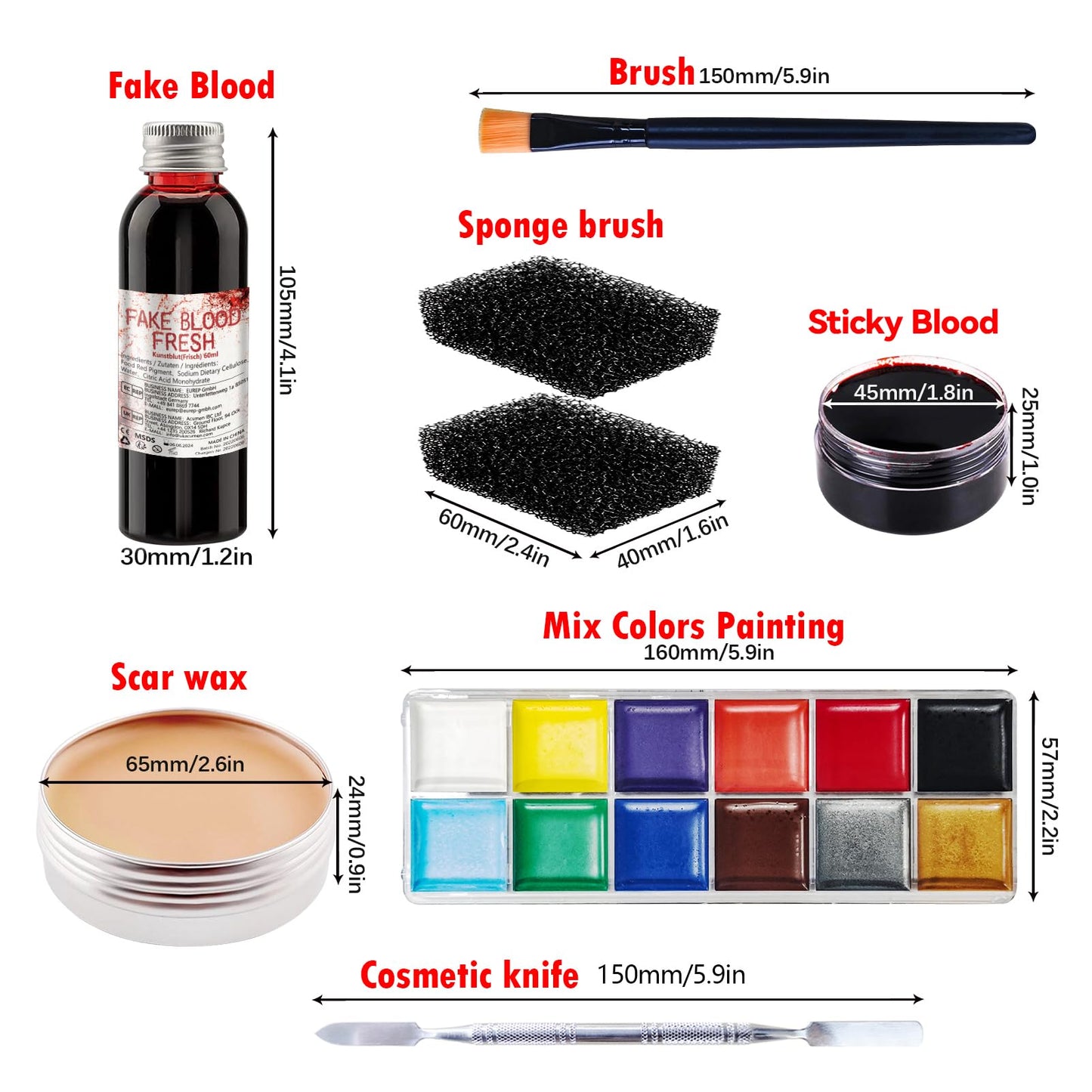 Professional Halloween SFX Special Effects Makeup Kits, Fake Blood, Scab Coagulated Blood Gel, 12 Colors Face Body Paint, Wound Modeling Scar Wax With Spatula Tool, Brushes, Stipple Sponge, Adhesive