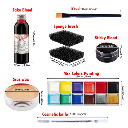 Professional Halloween SFX Special Effects Makeup Kits, Fake Blood, Scab Coagulated Blood Gel, 12 Colors Face Body Paint, Wound Modeling Scar Wax With Spatula Tool, Brushes, Stipple Sponge, Adhesive