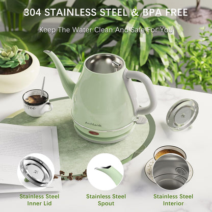 Anfilank Electric Gooseneck Kettle, 1L 1500WFast Boil, 100% Stainless Steel BPA Free Pour-Over Coffee & Tea Kettle,Water Boiler with Auto Shut & Boil-Dry Protectio,Green