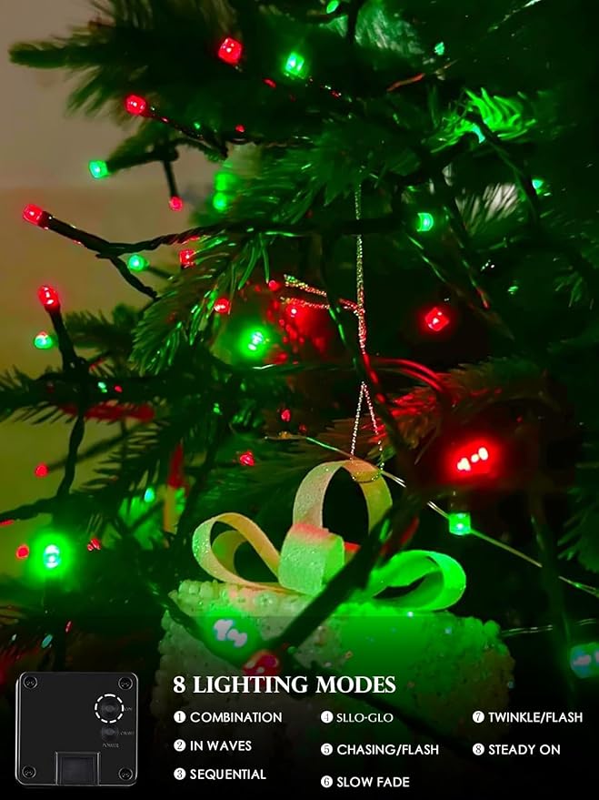 Red Green Solar Christmas Lights Outdoor Decorations Waterproof, Tatal 4 Pack 400LED 132FT Solar String Lights Green Wire with 8 Modes, Christmas Fairy Light for Xmas Tree Party Wedding Garden Decor